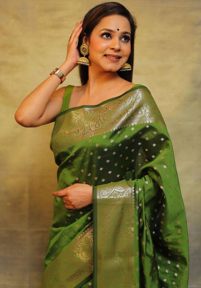 Classic Green Lichi Silk Saree with Golden Zari Border