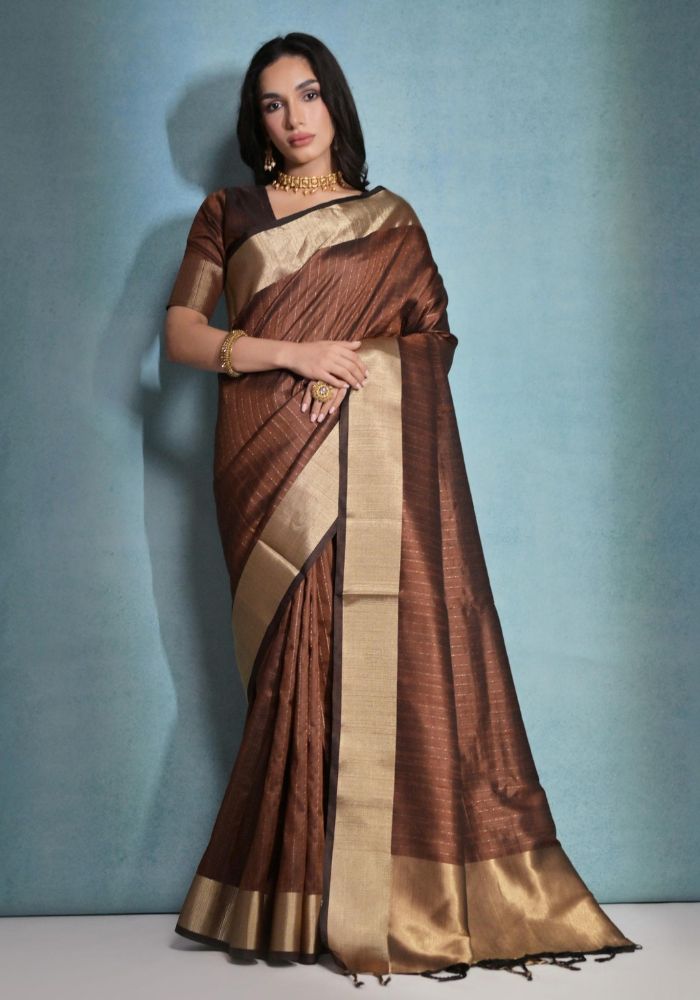 Timeless Brown Silk Saree with Rich Golden Accents