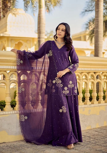 Royal Purple Embroidered Chanderi Silk Kurta Palazzo Set