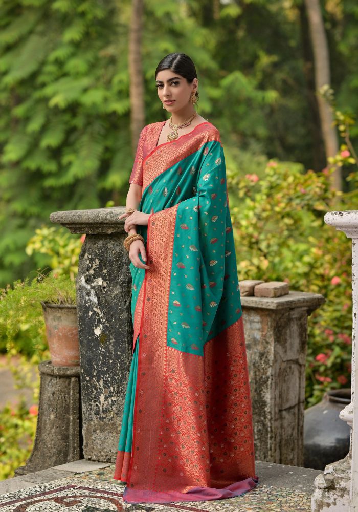 Traditional Banarasi Silk Saree in Teal Green with Floral Weaving