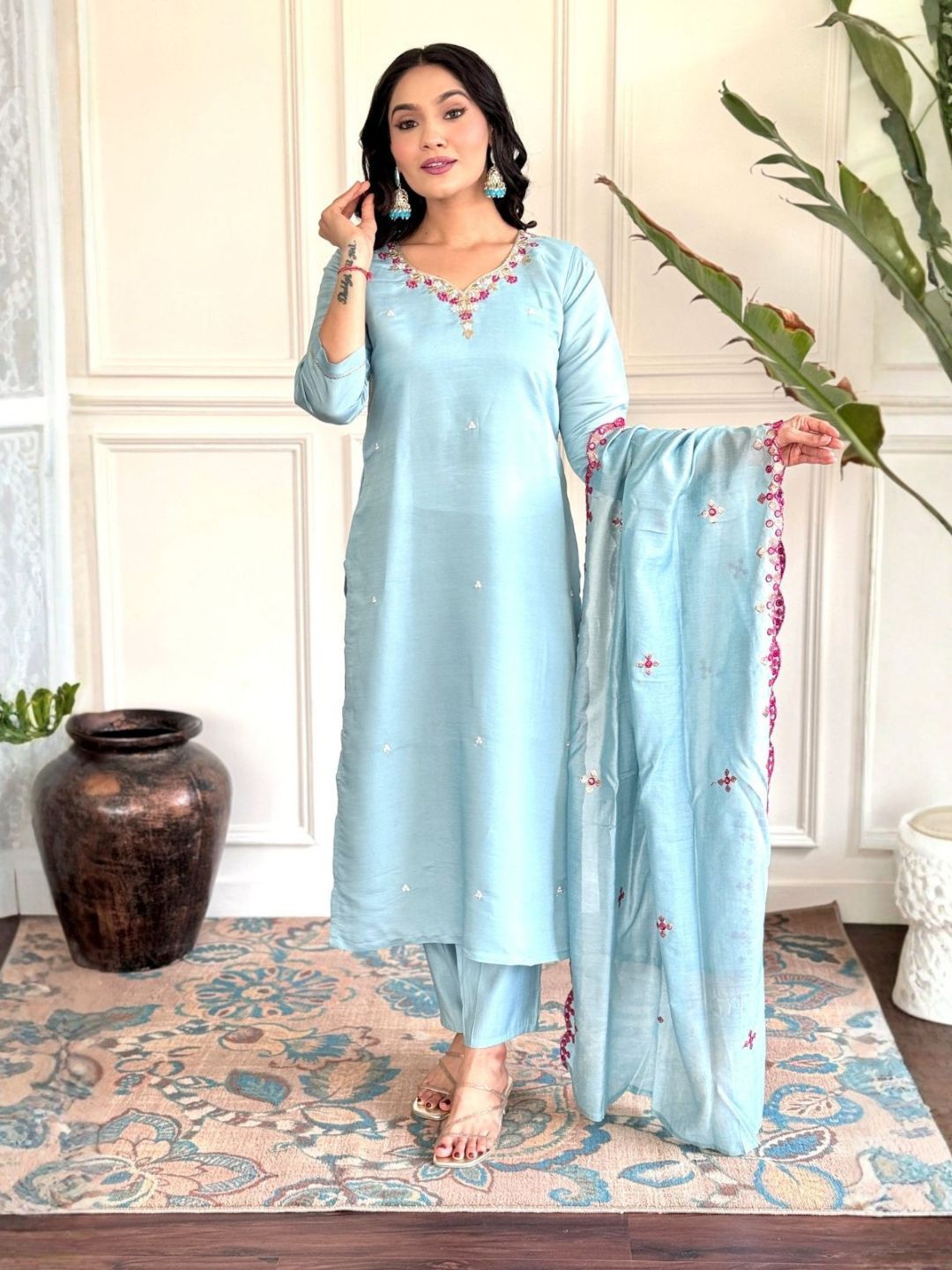Women Sky Blue Viscose Chanderi Embroidered Kurta Pant Set with Dupatta