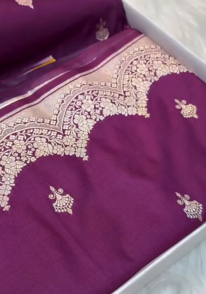 Purple Banarasi Katan Mashru Silk Saree with Silver Zari Motifs & Scalloped Border