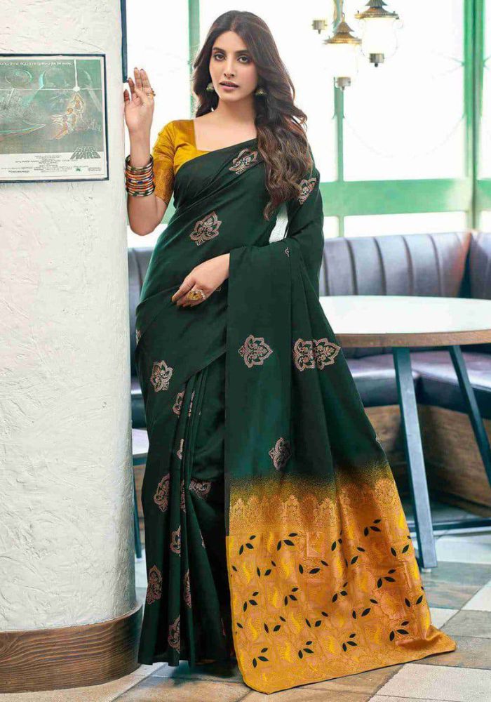 Elegant Dark Green Lichi Silk Saree