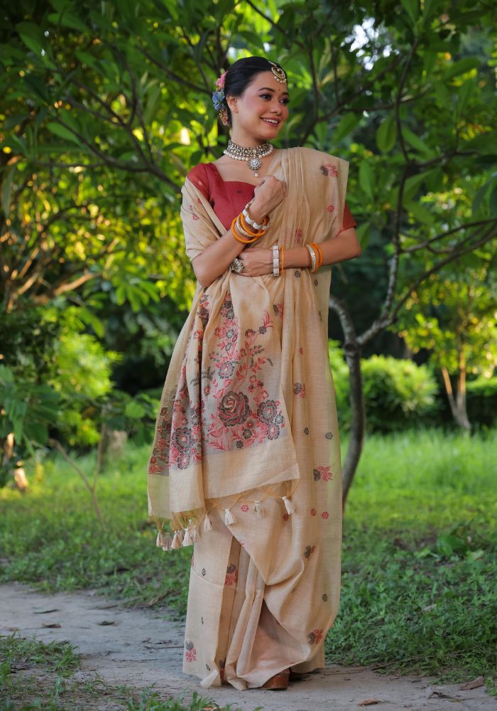 Graceful Soft Muga Beige Cotton Saree with Resham Floral Weaving & Tassels