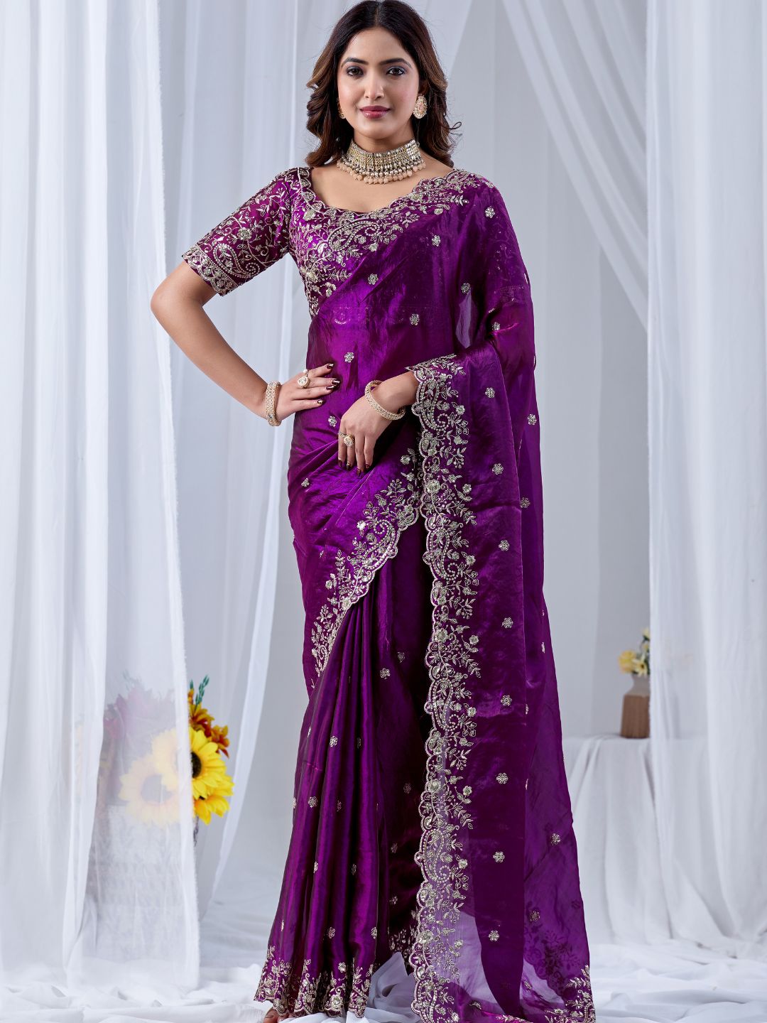 Royal purple embroidered silk saree with designer blouse