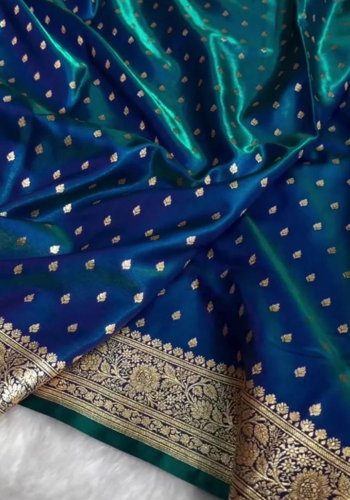 Teal Blue Banarasi Satin Saree with Golden Zari Buti & Ornate Floral Border
