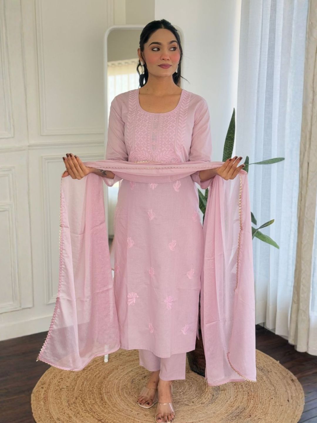 Women Baby Pink Pure Cotton Embroidered Kurta Pant Set with Matching Dupatta