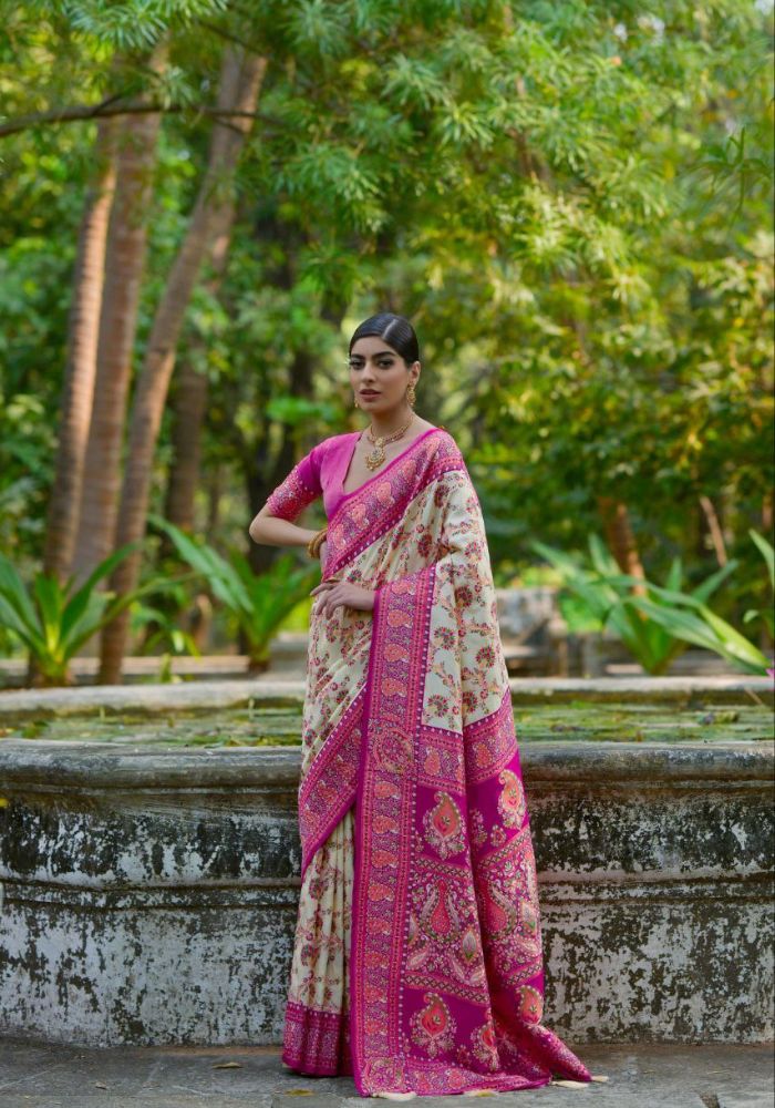 Luxury Woven Pashmina Silk Beige Saree with All-Over Floral Design & Contrast Pallu