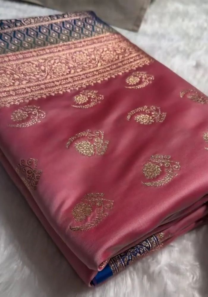 Kesudi Pink Katan Silk Saree with Golden Zari Weaving and Royal Blue Border