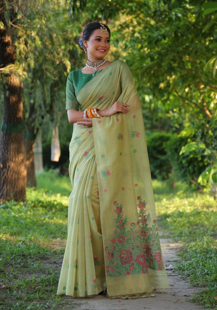 Graceful Soft Muga Pista Cotton Saree with Resham Floral Weaving & Tassels