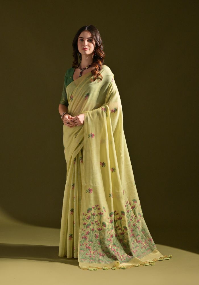 Elegant Lamon Yellow Cotton Saree with Delicate Floral Embroidery