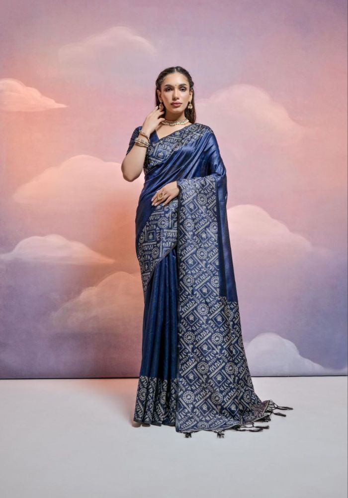 Traditional Ruyal Blue Silk Saree with Golden Zari Work