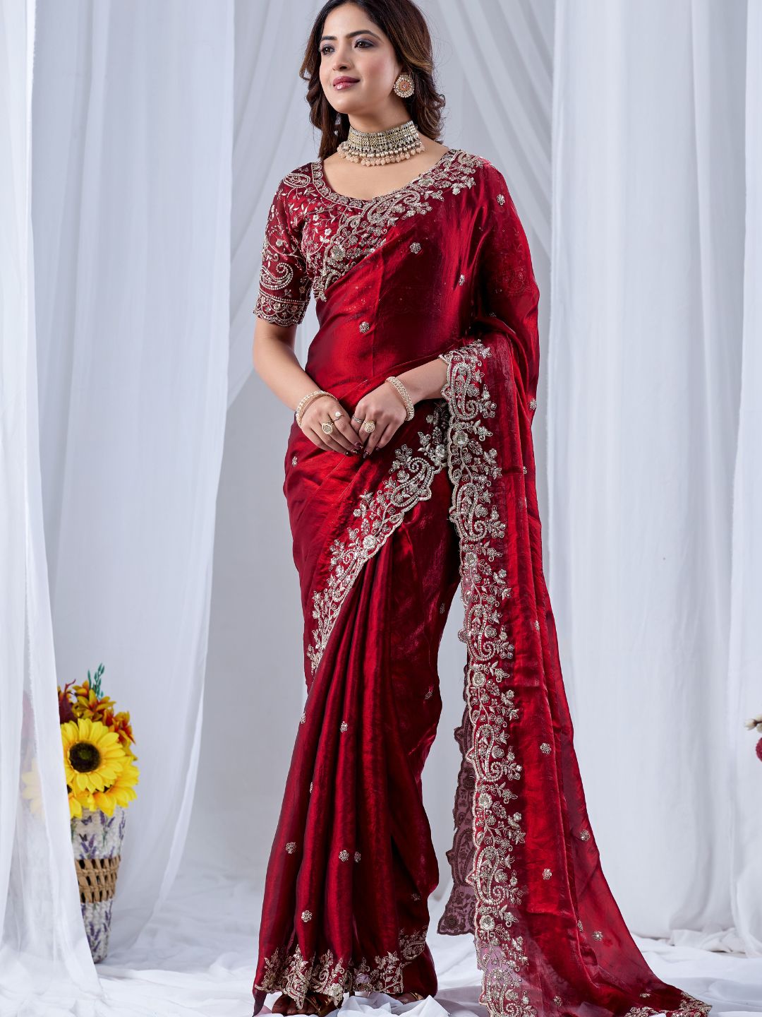 Wine Red Embroidered Silk Saree with Designer Blouse
