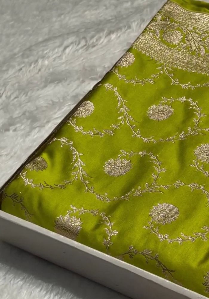 Bright Green Katan Silk Banarasi Saree with Silver Zari Floral Jaal & Ornate Border