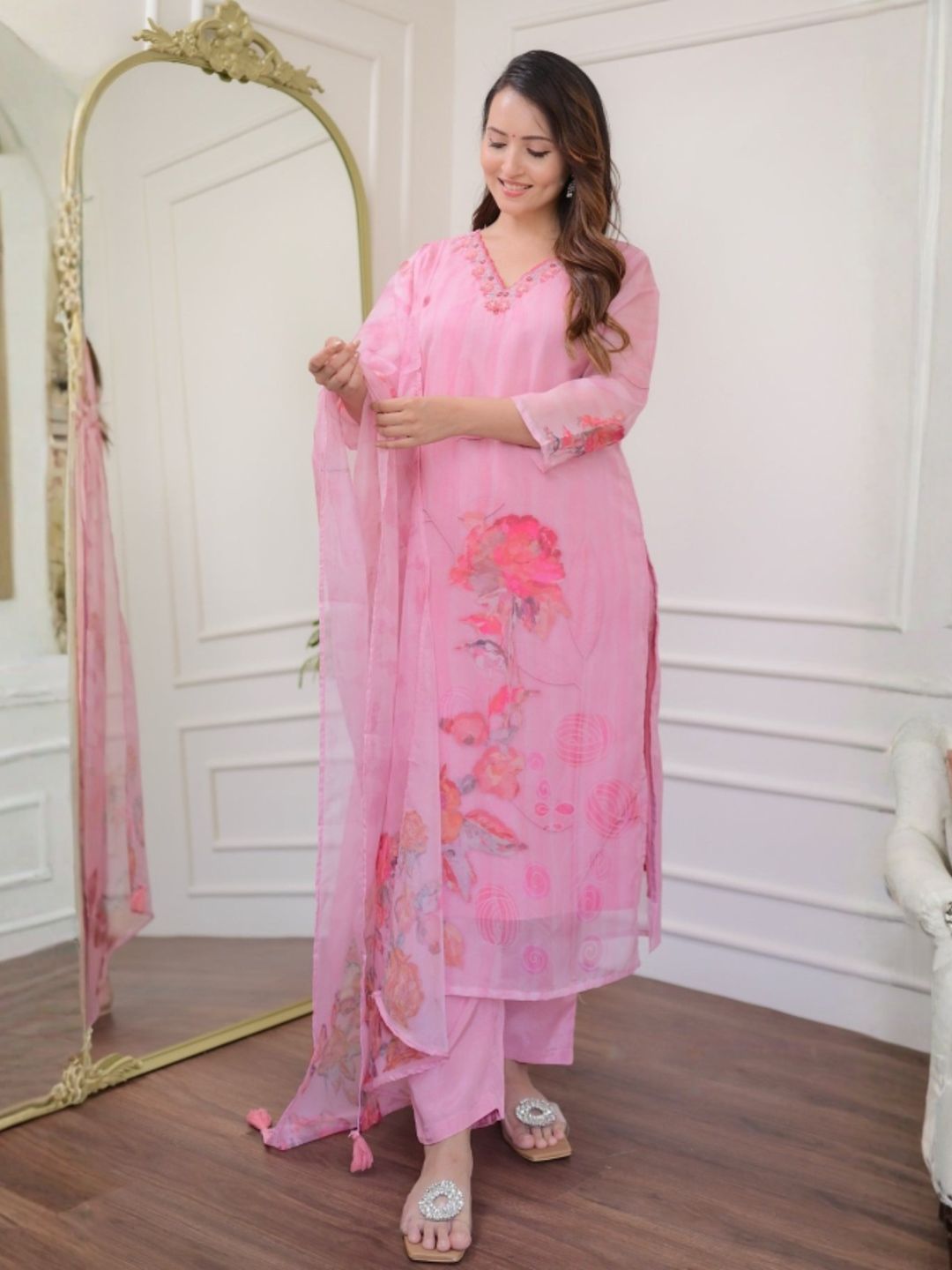 Blush Bloom Premium Organza Printed Kurta Set with Dupatta for Women