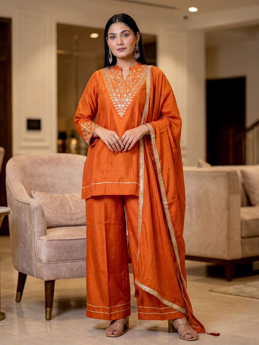 Rust Orange Embroidered CP Vichitra Silk Co-Ord Set with Dupatta