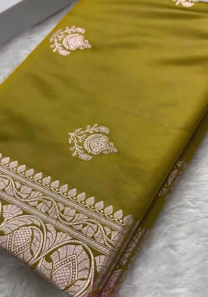 Mustard Yellow Mashru Silk Banarasi Saree with Silver Zari Paisley Motifs