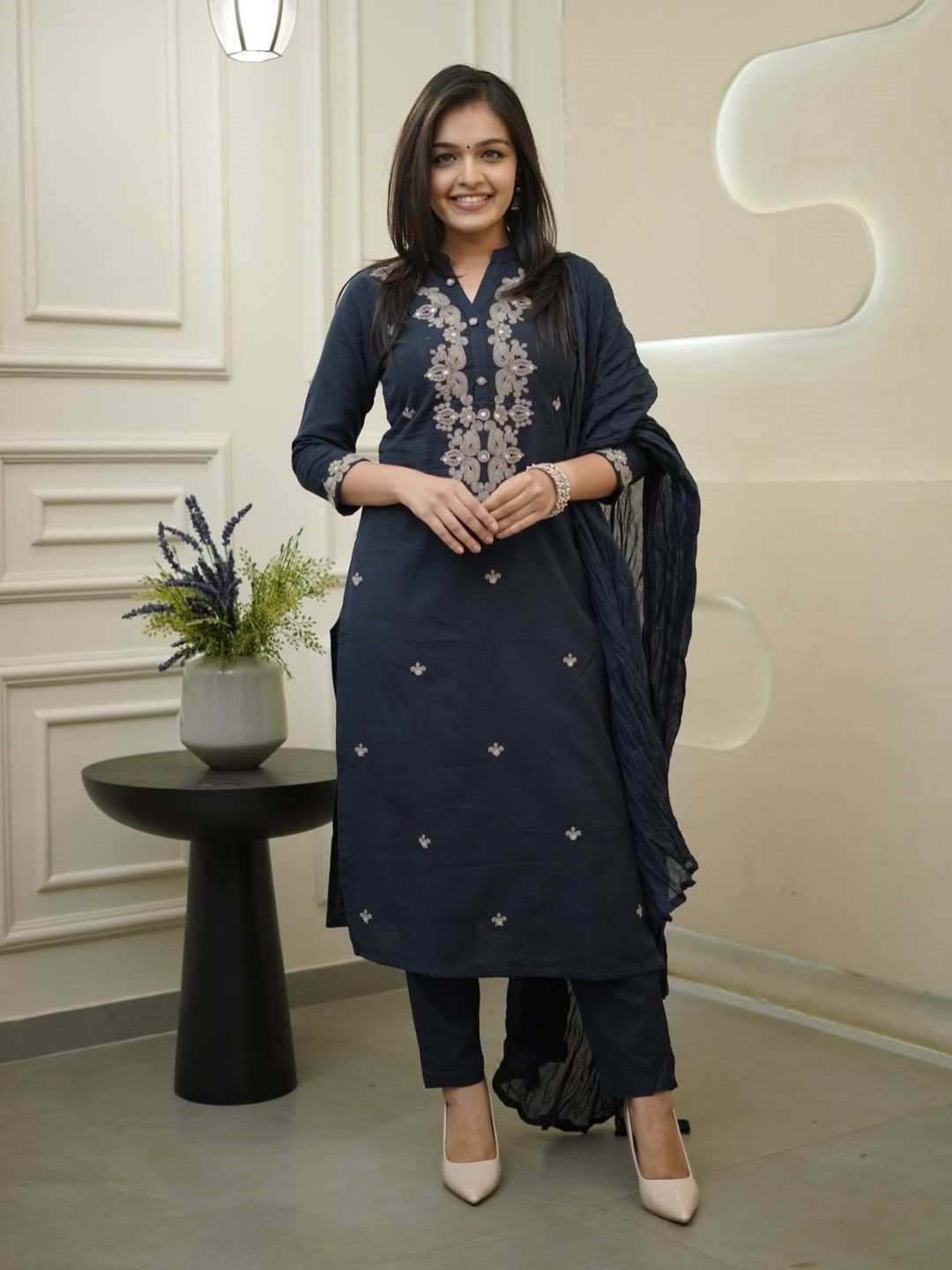 Navy Blue Embroidered Rayon Slub Kurta Set with Chanderi Cotton Dupatta