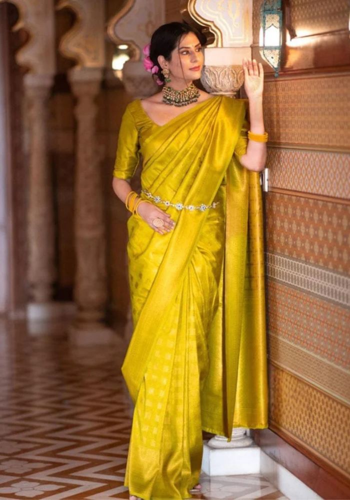 Elegant Mustard Gold Banarasi Satin Silk Saree with Golden Zari Woven Border