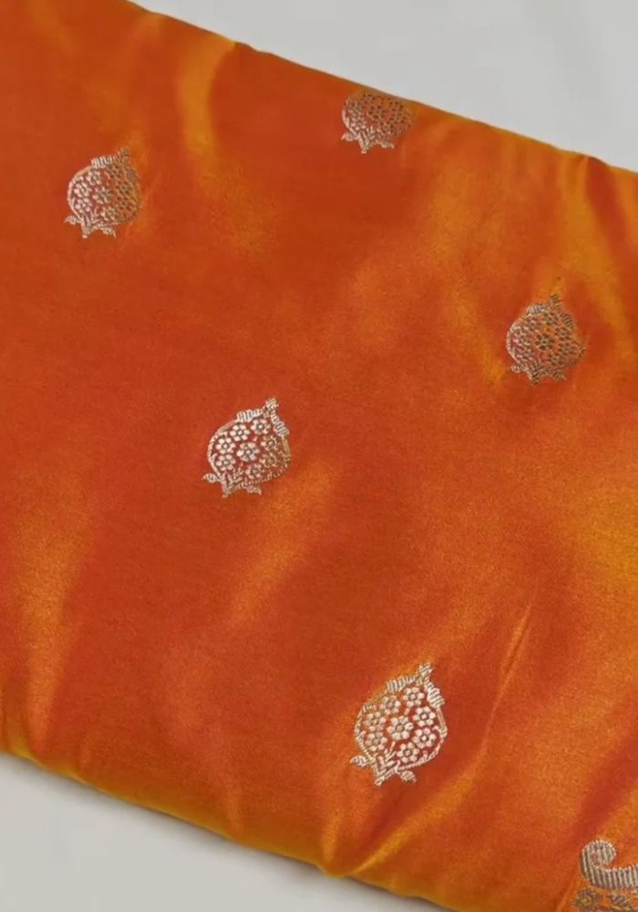 Elegant Orange Banarasi Satin Silk Saree with Silver Zari Buta & Ornate Border