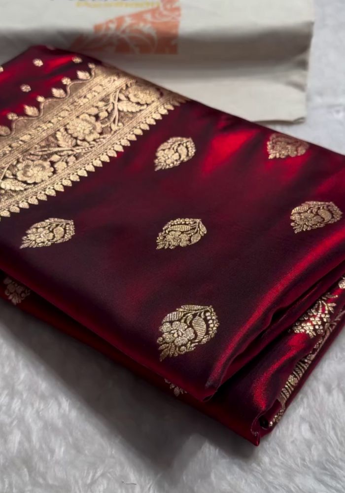 Maroon Banarasi Soft Silk Saree with Golden Zari Weaving
