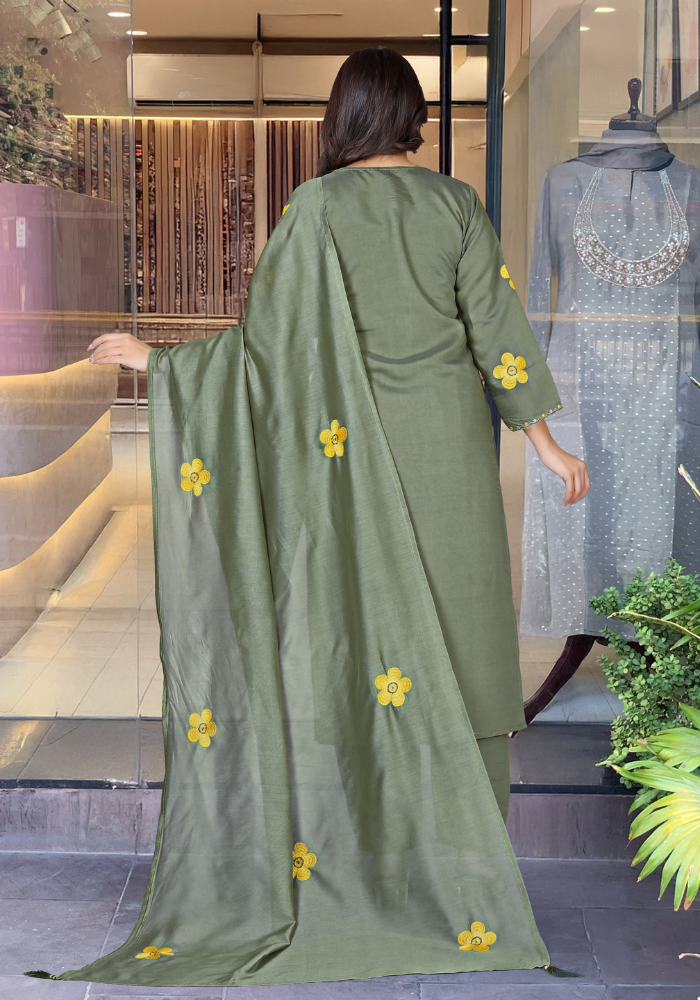 Olive Green Embroidered Chanderi Silk Kurta Set with Dupatta for Women
