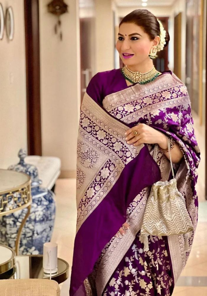Royal Purple Banarasi Satin Silk Saree with Silver Zari Floral Weaving