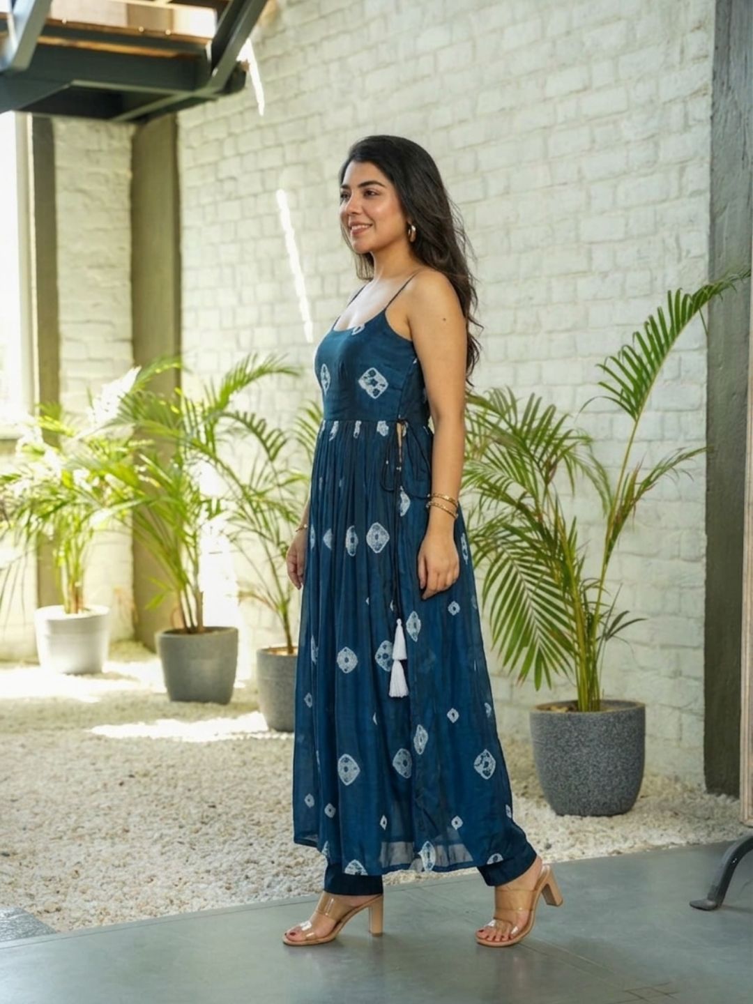 Navy Blue Printed Taby Silk Nyra Cut Kurta Set