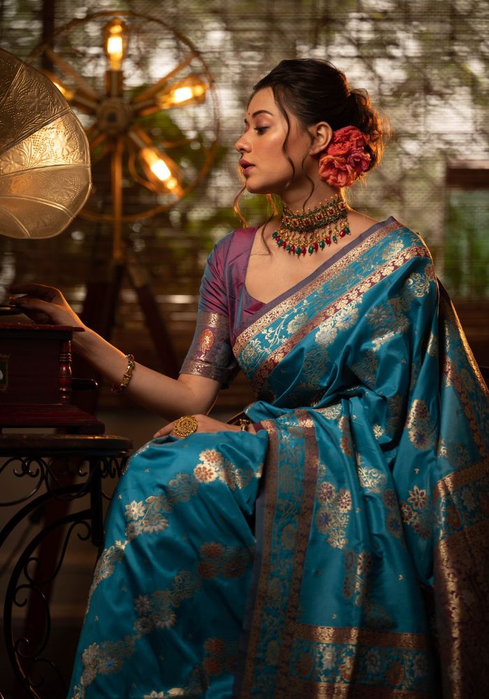 Rajsi Banaras - Sky Banarasi Silk Saree with Intricate Zari Weaving