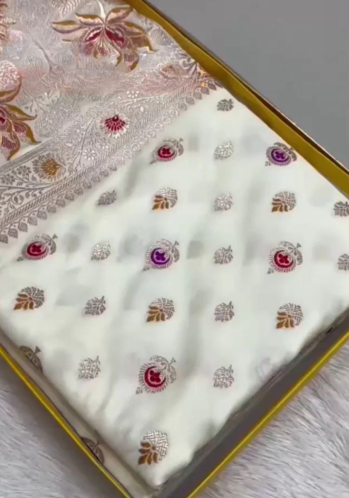 White Satin Mashru Banarasi Saree with Multicolor Meena Buta & Floral Zari Pallu