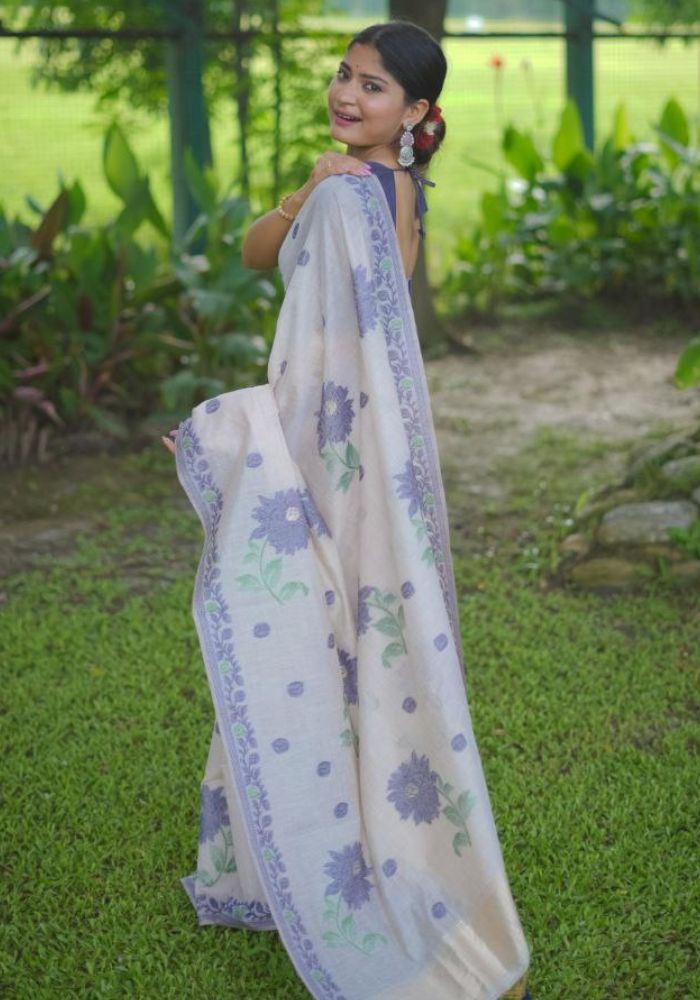Soft Cotton Saree with Grey Floral Weaving & Tassels