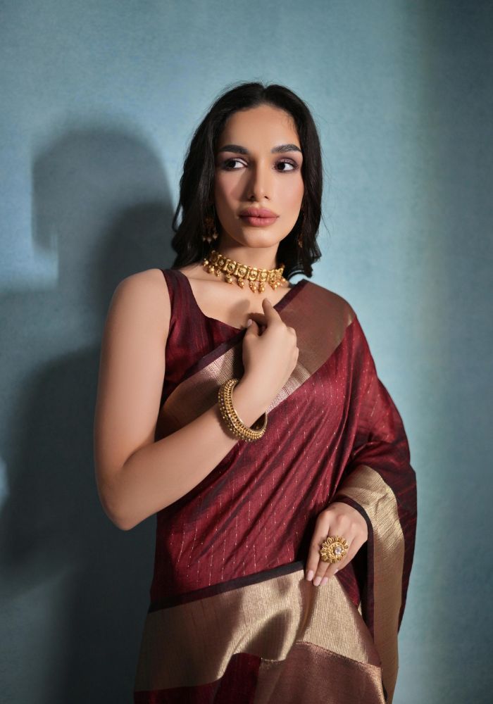 Timeless Maroon Silk Saree with Rich Golden Accents