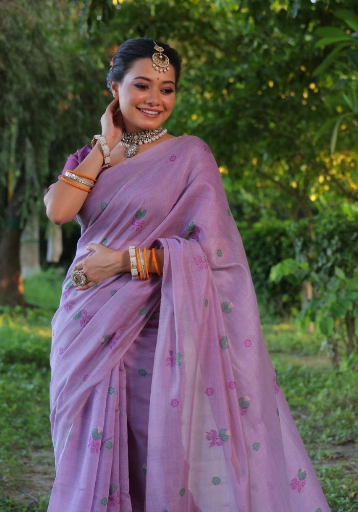 Graceful Soft Muga Purple Cotton Saree with Resham Floral Weaving & Tassels
