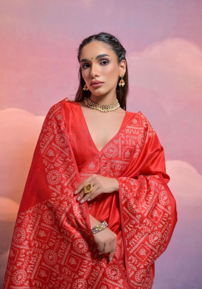 Traditional Oreange Silk Saree with Golden Zari Work