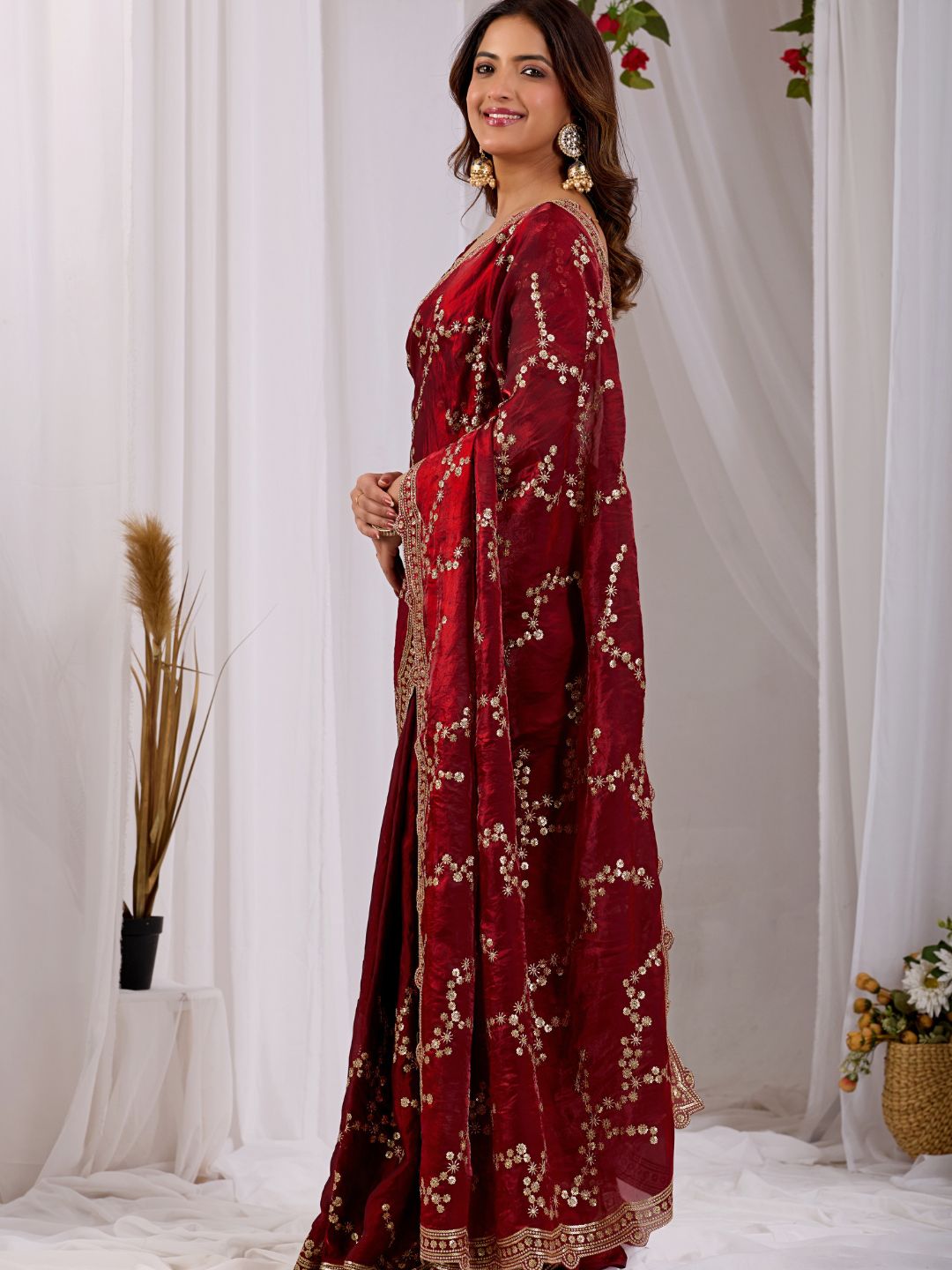 Wine Red Embroidered Silk Saree with Designer Blouse for Wedding & Festive Wear