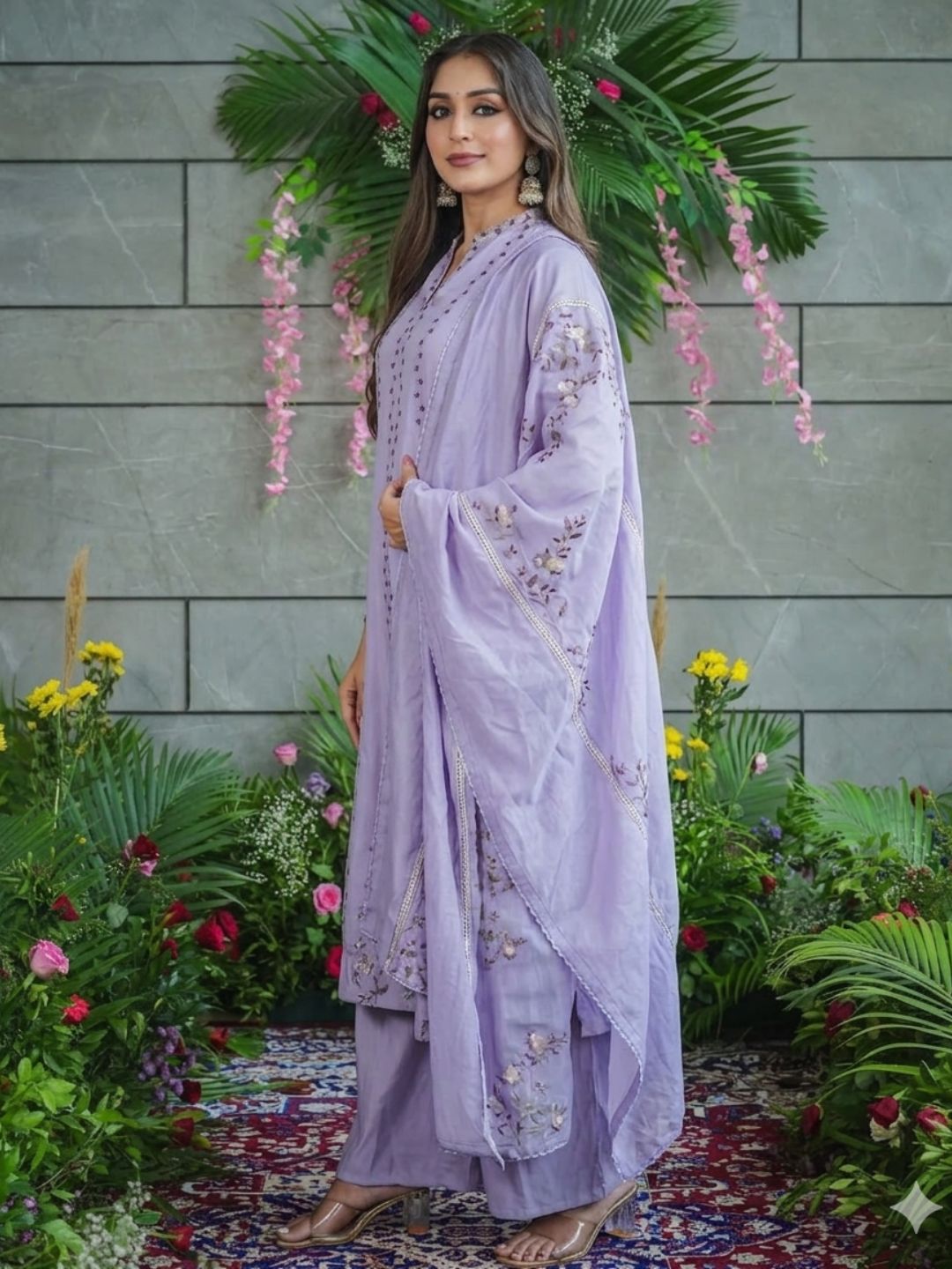 Lavender Embroidered Muslin Cotton Kurta Palazzo Set with Dupatta