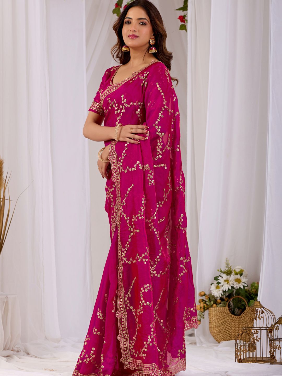 Fuchsia Pink Embroidered Silk Saree with Designer Blouse for Wedding & Festive Wear