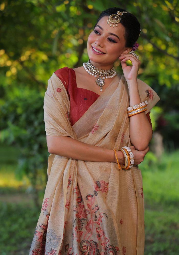Graceful Soft Muga Beige Cotton Saree with Resham Floral Weaving & Tassels