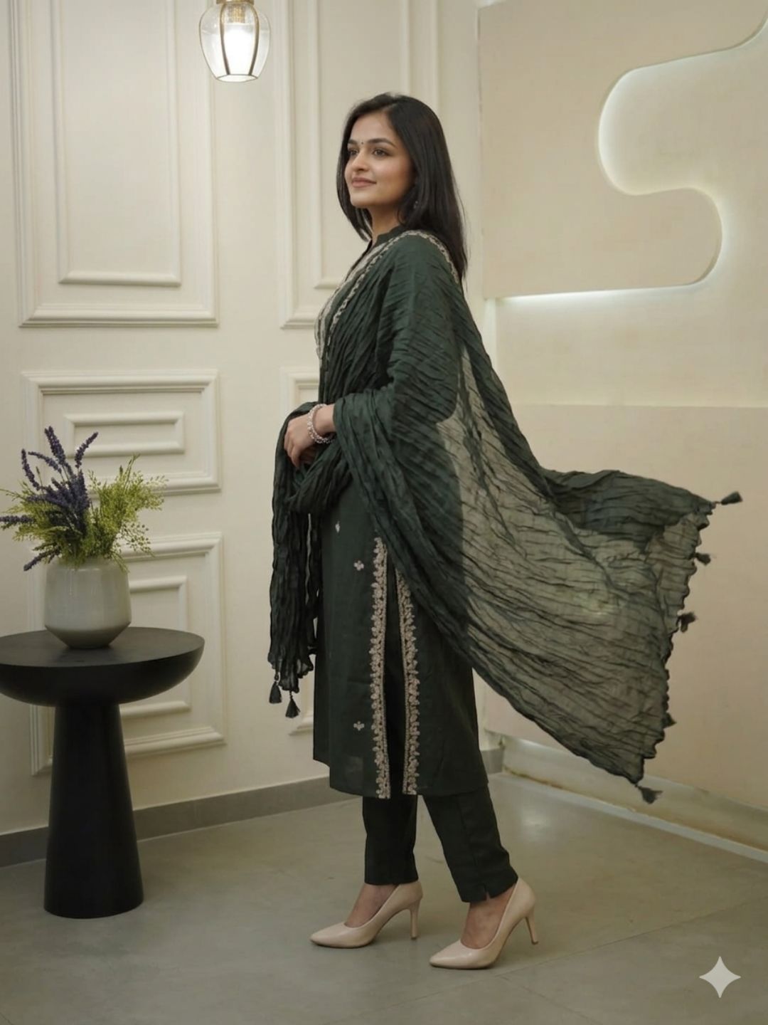 Forest Green Embroidered Rayon Slub Kurta Set with Chanderi Cotton Dupatta