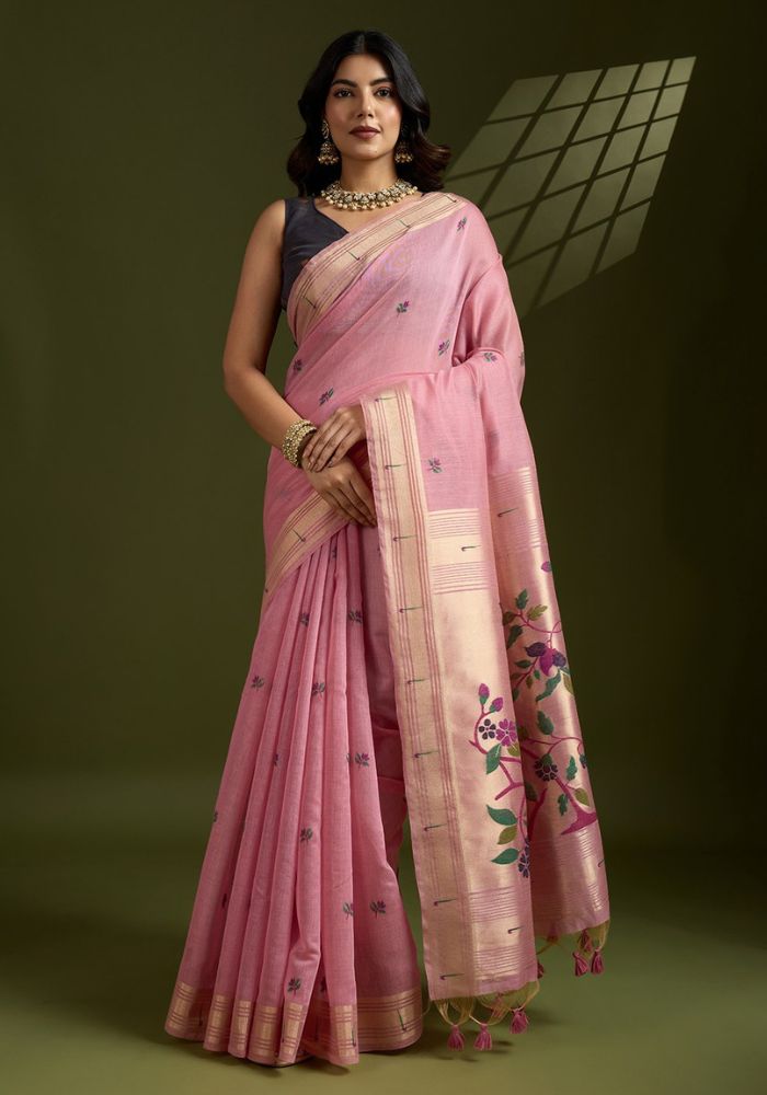 Blush Pink Muga Cotton Paithani Saree