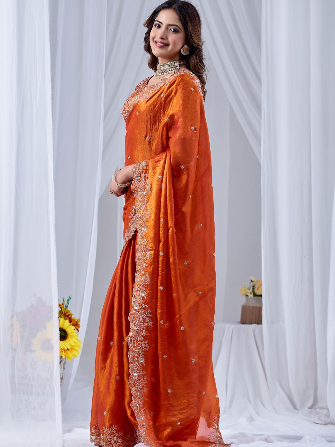 Rust Orange Embroidered Silk Saree with Designer Blouse