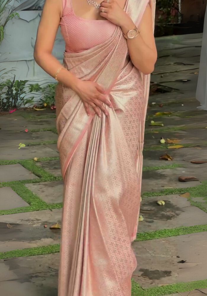 Peach Banarasi Soft Silk Saree with Golden Zari Geometric Weave