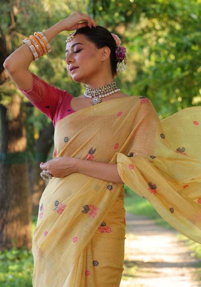 Graceful Soft Muga Yellow Cotton Saree with Resham Floral Weaving & Tassels