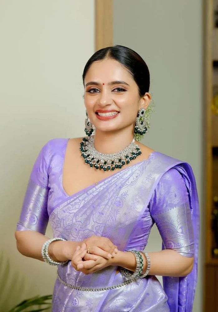 Lavender Banarasi Satin Silk Saree with Golden Zari Border