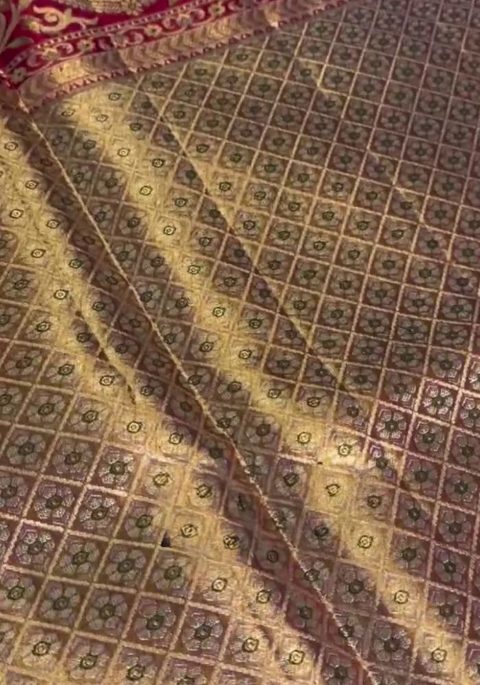 Gold Semi Kanchipuram Silk Saree with Zari Floral Checks & Rich Red Border