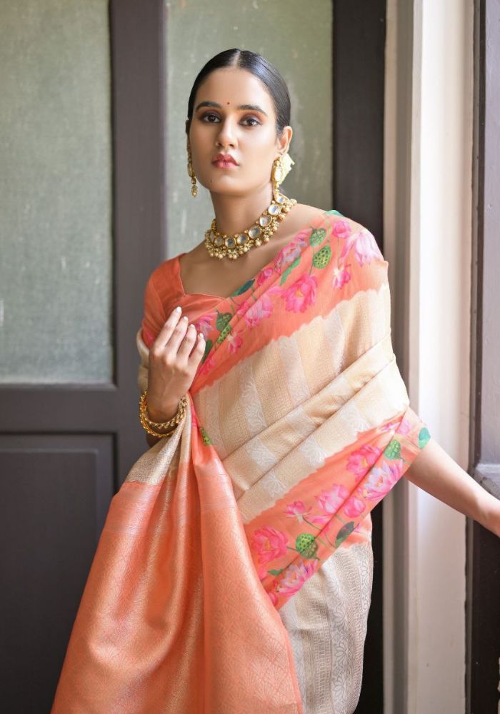 Ethereal Peach Silk Saree with Floral Border