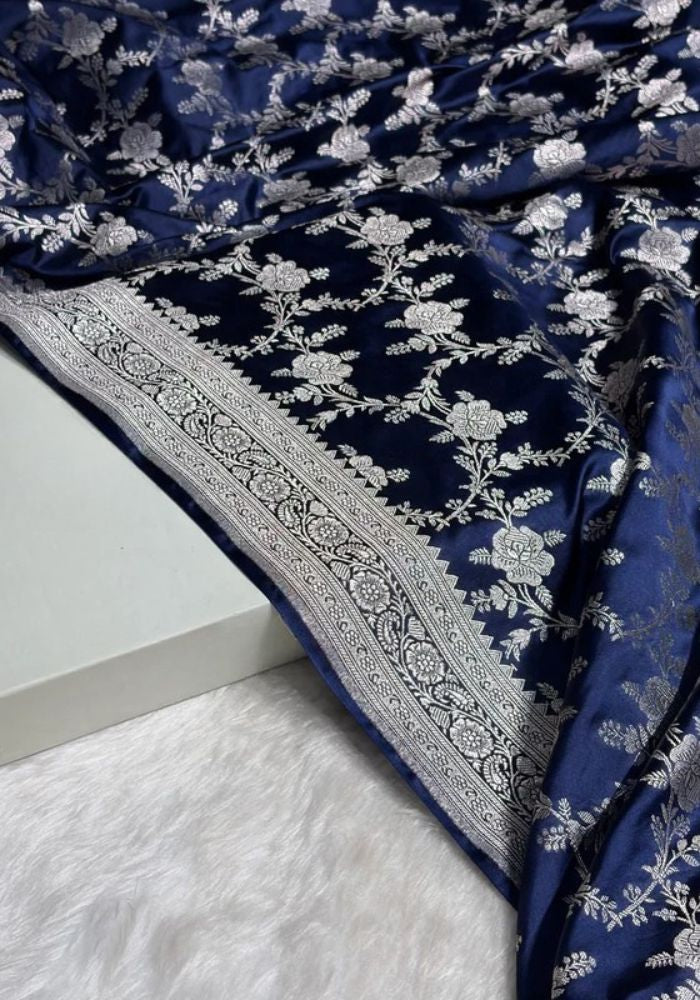 Royal Midnight Blue Banarasi Silk Saree with Silver Zari Floral Weaving