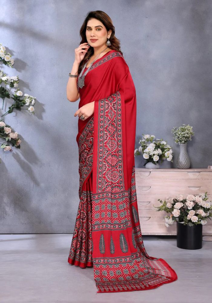 Red Banarasi Satin Silk Saree with Golden Zari Woven Border