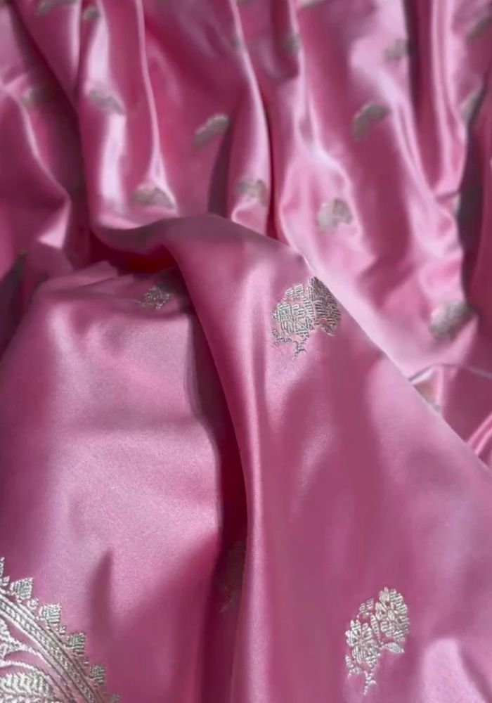 Pink Satin Silk Saree with Zari Floral Motifs