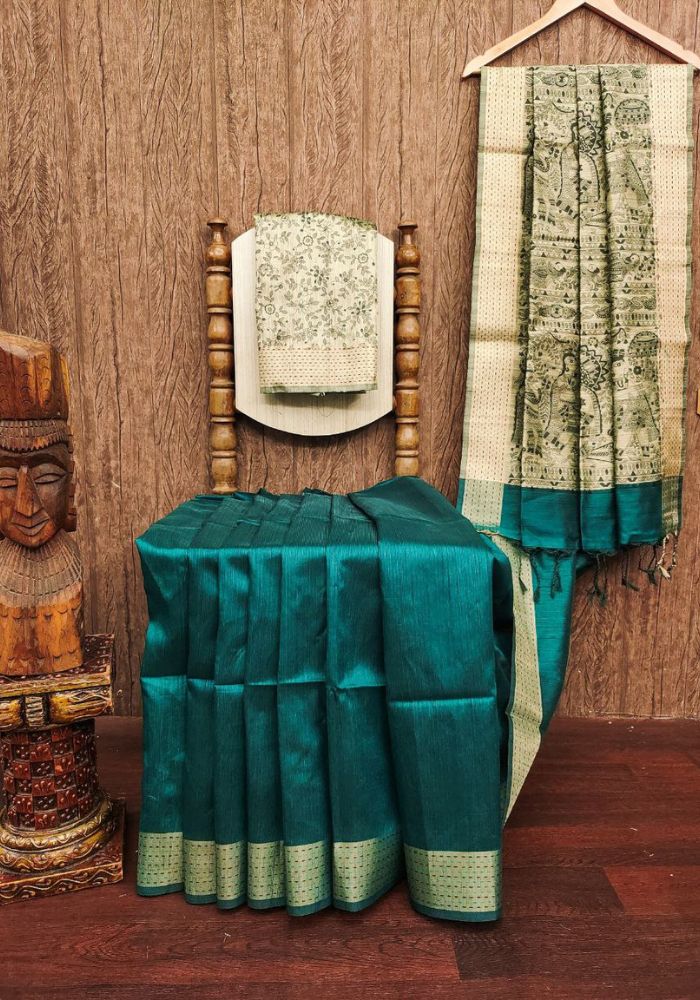 Traditional Antique Teal Madhubani Printed Tussar Silk Saree